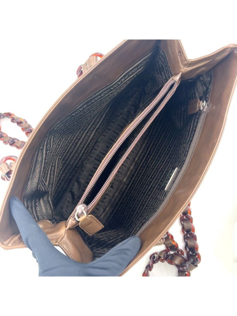 Prada Tortoiseshell Chain Leather Brown Shoulder Bag Silver - Picture 3 of 15